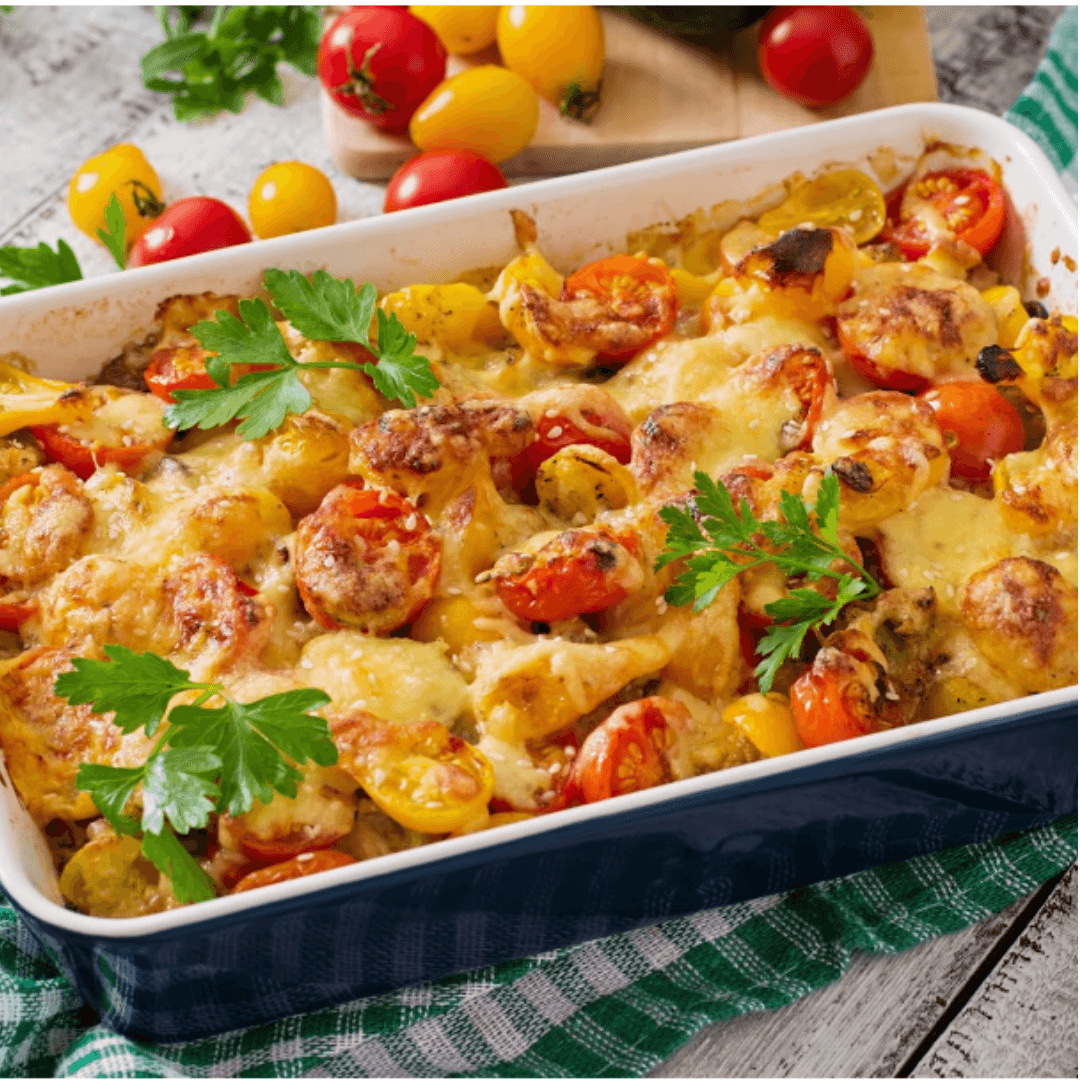 Vegetarischer Gemüseauflauf mit Zucchini, Pilzen und Kirschtomaten