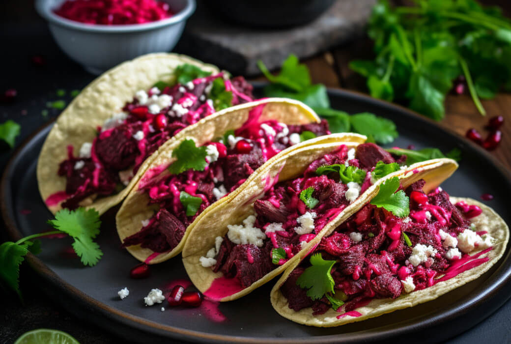 Geröstete Rote-Bete-Tacos auf Maistortillas mit frischem Koriander