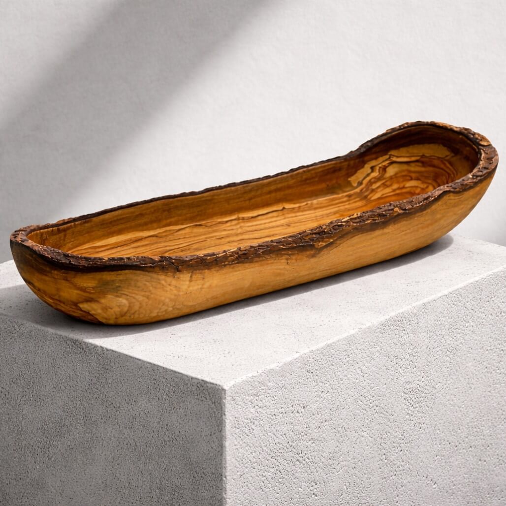 Brot- & Baguette-Schale aus Olivenholz - Rustikaler Rand (30 cm)