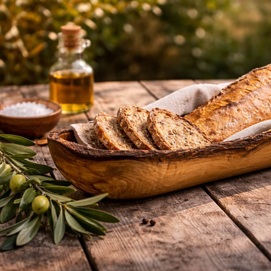Brot- & Baguette-Schale aus Olivenholz - Rustikaler Rand (30 cm)