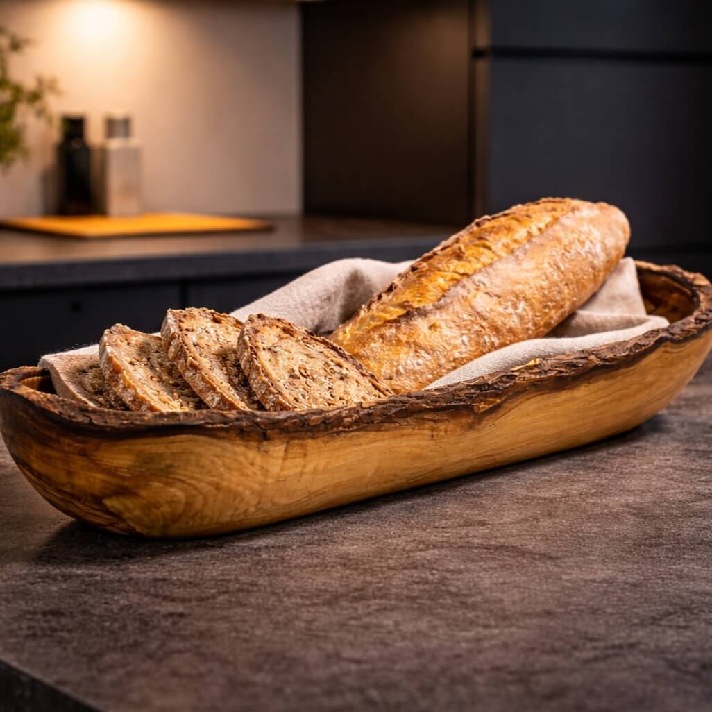 Brot- & Baguette-Schale aus Olivenholz - Rustikaler Rand (30 cm)