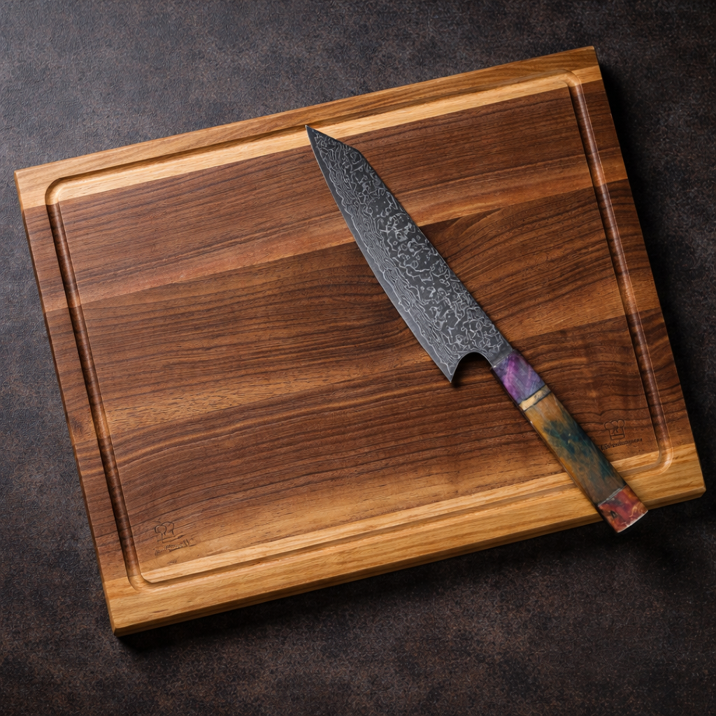 Premium Gourmet-Set: Handgeschmiedetes Damast Gyuto & Mizo Edelholz-Schneidebrett