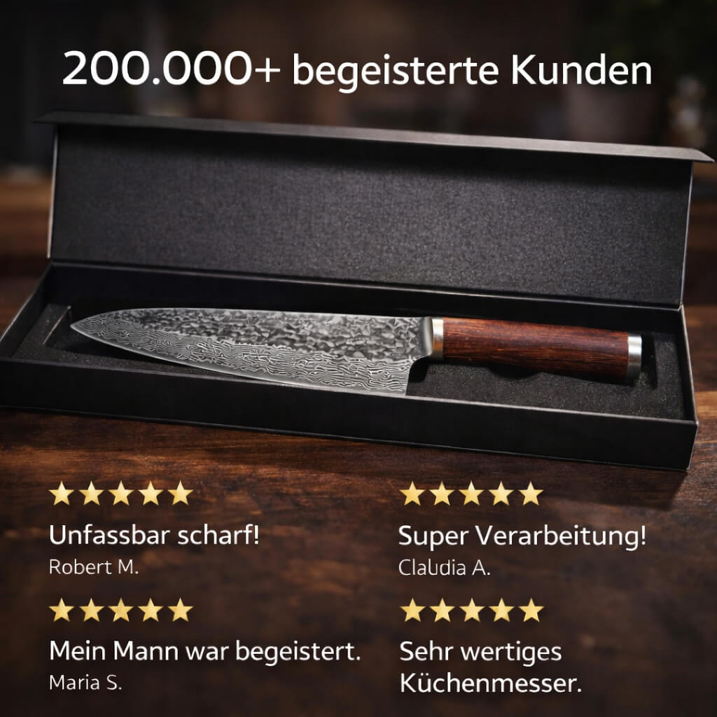 Küchenkompane: Premium-Chefmesser in Geschenkbox mit Hinweis auf über 200.000 zufriedene Kunden und vier 5-Sterne-Kundenstimmen.