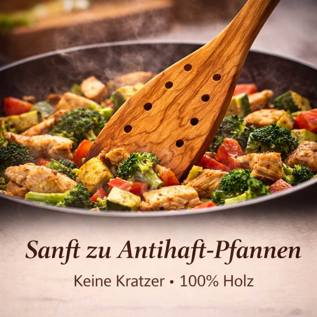 Pfannenwender aus Olivenholz mit Löchern (30cm)