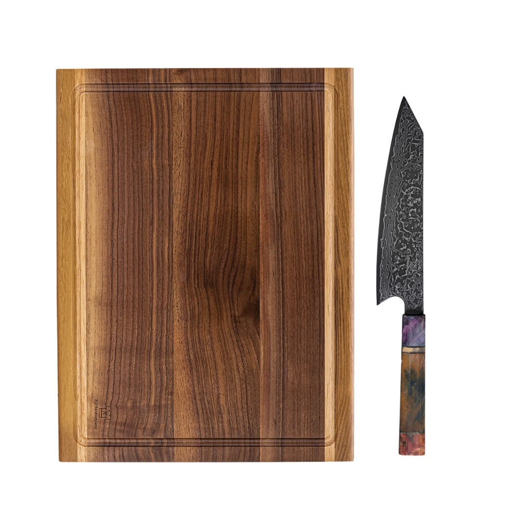 Premium Gourmet-Set: Handgeschmiedetes Damast Gyuto & Mizo Edelholz-Schneidebrett