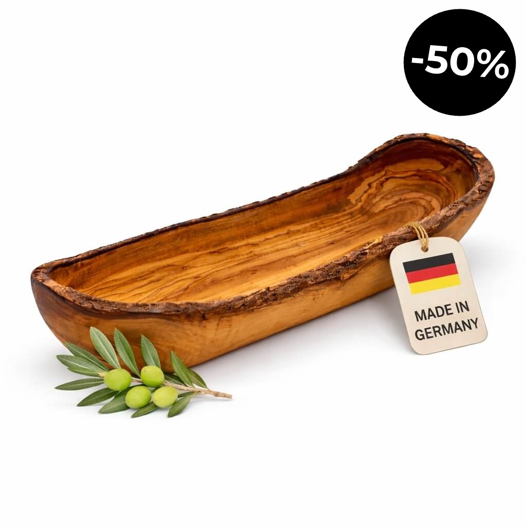 Brot- & Baguette-Schale aus Olivenholz - Rustikaler Rand (30 cm)